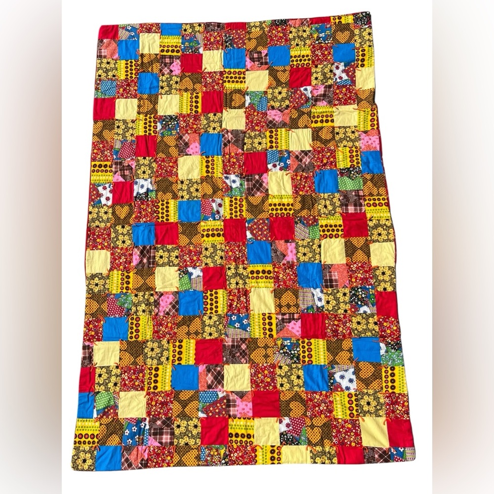 VTG 60s 70s 85x57 Folk‎ Patchwork Boho Quilt Colorful Groovy Retro Handmade OOAK